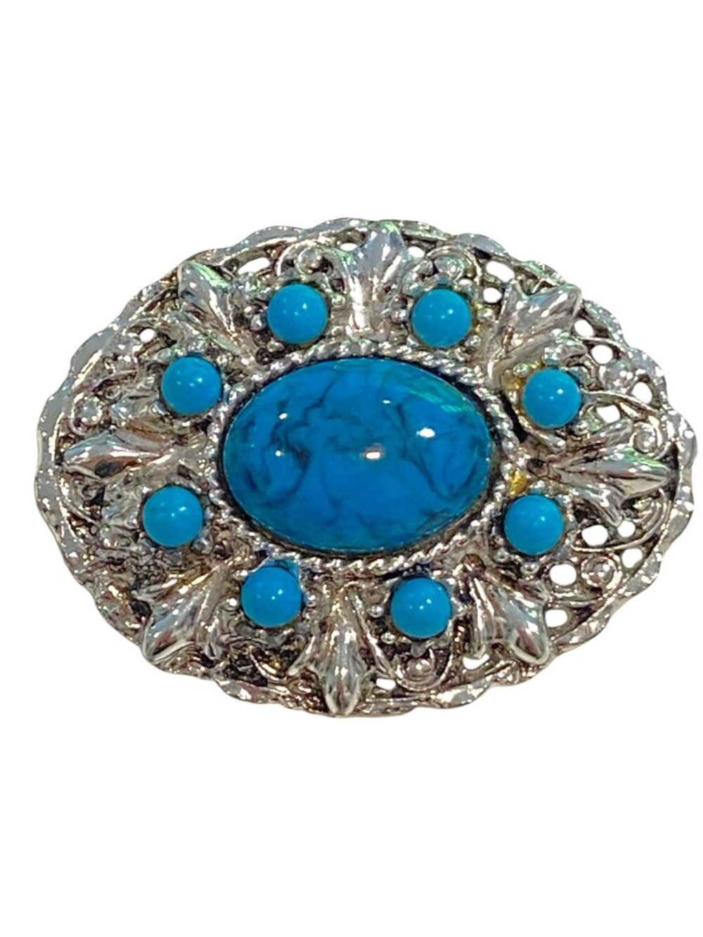 Vintage Silver-Tone Brooch With Faux Turquoise Cabochons & Crystal Accents